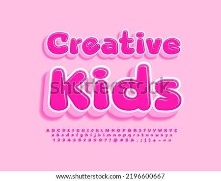 Vector funny emblem Creative Kids. Pink comic Font. Sweet Alphabet Letters, Numbers and Symbols set