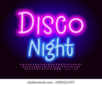 Vektor lustiges Emblem Disco Night.  Neon handgeschriebene Schriftart. Leuchtende Alphabet-Buchstaben, Zahlen und Symbole