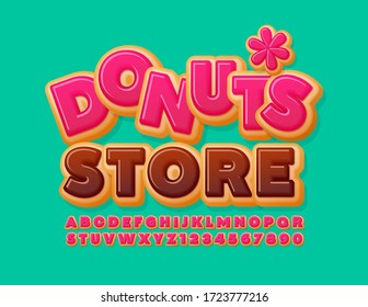 Vector funny emblem Donuts Store with Pink Glazed Font. Tasty Alphabet Letters and Numbers