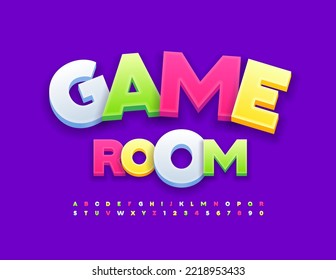 Vector funny Emblem Game Room. Colorful Kids Font. Creative 3D Alphabet Letters and Numbers set