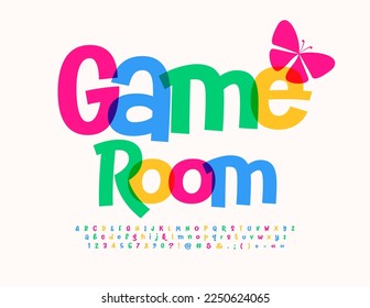 Vector Funny Emblem Game Room. Colorful handwritten Font. Bright Alphabet Letters and Numbers