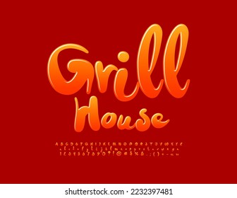 Vector funny emblem Grill House. Glossy handwritten Font. Modern Artistic Alphabet Letters and Numbers set