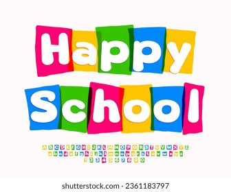 Colegio Feliz de emblema divertido vector. Fuente brillante y colorida. Conjunto creativo de letras, números y símbolos alfabéticos para niños