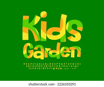 Vector funny emblem Kids Garden. Modern colorful Font. Bright Alphabet Letters and Numbers set