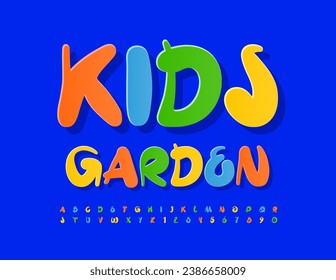 Vector funny Emblem Kids Garden. Colorful playful Font. Sticker style Alphabet Letters and Numbers.