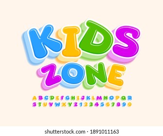 Vector funny emblem Kids Zone. Bright 3D Font. Playful colorful Alphabet Letters and Numbers set