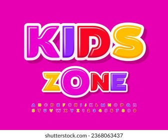 Vector funny Emblem Kids Zone. Bright glossy Font. Creative colorful Alphabet Letters and Numbers set