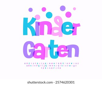 Vector Funny emblem Kindergarten for Nursery, Education Advertising. Watercolor Playful Font. Transparent Alphabet Letters and Numbers set.