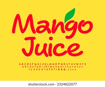 Vector funny Emblem Mango Juice. Playful Red Font. Handwritten Alphabet Letters and Numbers