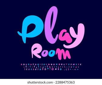 Vector funny emblem Play Room. Childish creative Font. Decorative Alphabet Letters, Numbers and Symbols set