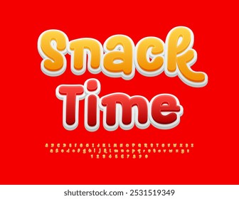 Vetor emblema engraçado Snack Time. Fonte criativa brincalhona. Conjunto de letras e números do alfabeto artístico.