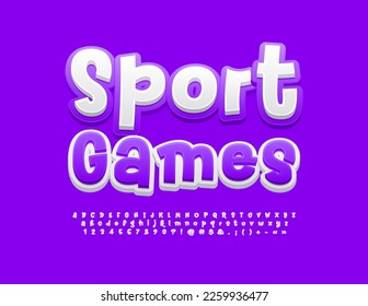 Vector funny Emblem Sport Games. Playful style Font. Violet and White  bright Alphabet Letters and Numbers