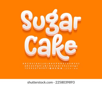 Vector Funny Emblem Sugar Cake. Creative white 3D Font. Modern handwritten Alphabet Letters and Numbers. 