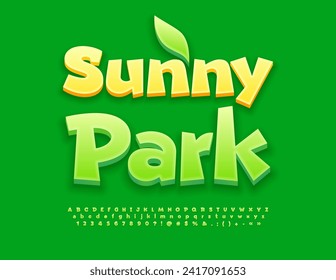 Vector funny emblem Sunny Park with decorative Leaf. Green 3D Font. Cute Alphabet Letters, Numbers and Symbols set