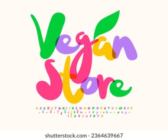 Vector divertido Emblem Vegan Store.  Fuente luminosa creativa. Coloridas letras y números de alfabeto manuscritos