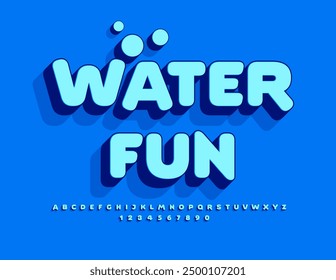 Vector funny emblem Water Fun. Bright Blue Font. Artistic 3D Alphabet Letters and Numbers set.