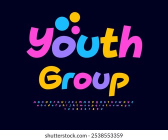 Vector emblema divertido Grupo Juvenil. Fuente moderna brillante. Conjunto de letras y números de alfabeto colorido creativo.