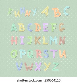 Vector funny English uppercase alphabet pastel colorful cartoon style font with shadow and cute stitch