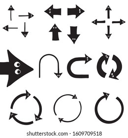 Vector Funny Eyes Set Of Arrows. Elements For Design. Monochrome Black Illustration On White Background. Ink Doodle Texture. Straight Round Triple Single Double Turn Back Forward Right Left Arrow