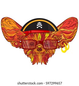 Vector funny face of pirate fox with big ears, hat, eyeglasses and earrings. Isolated on white background.