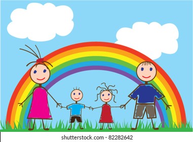 vector funny family and rainbow