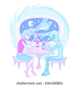 Vector funny fantastic illustration with girl and alien, talking in the space cafe.