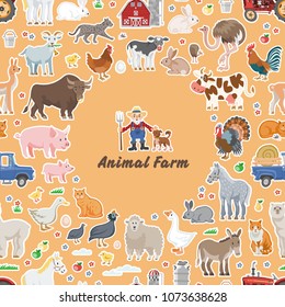 Vector funny farm seamless background with farmer, dog, barn, cow, sheep, donkey, pig, chicken, rooster, duck, turkey, bull, calf, rabbits, cats, goose, lama, horse, guinea fowl, truck and tractor.