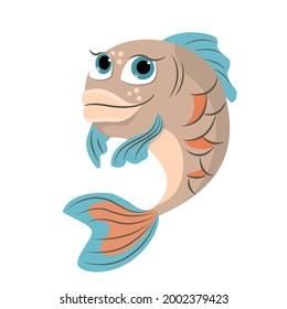 Vector funny fish isolaed on a white background. Cute cartoon character for kids.