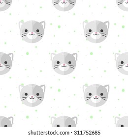 Vector funny flat cartoon cat heads seamless pattern. Cat background.