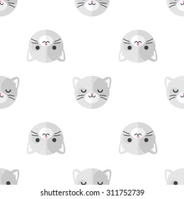 Vector funny flat cartoon cat heads seamless pattern. Cat background.