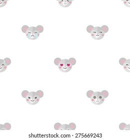 Vector funny flat cartoon mouse heads with different emotions seamless pattern. Mouse emoticons seamless pattern.
