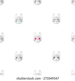 Vector funny flat cartoon rabbit heads with different emotions seamless pattern. Rabbit emoticons seamless pattern.