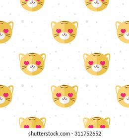 Vector funny flat cartoon tiger heads seamless pattern. Tiger background.