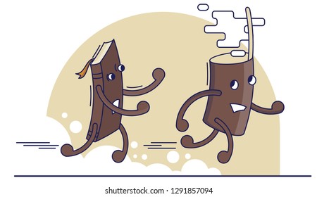 Vector funny flat detailed illustrations with a book chasing the cup of coffee because she needs doping so that not falling asleep