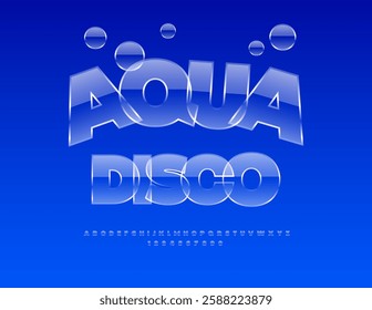 Vector Funny flyer Aqua Disco. Glossy Crystal Font. Clear Shiny set of Alphabet Letters and Numbers