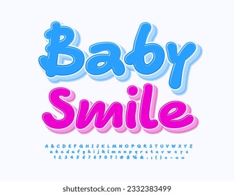 Sonrisa vectorial divertida Flyer Baby. Fuente manuscrita brillante. Letras y números de alfabeto azul de juego.