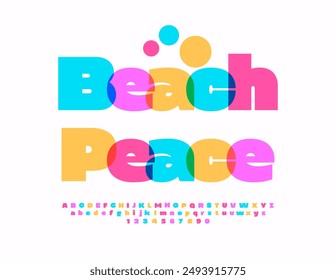 Vector divertido volante Playa Paz. Fuente brillante moderna. Letras y números coloridos del alfabeto.