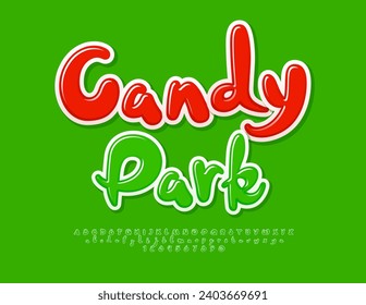 Vector funny flyer Candy Park. Green glossy Font. Bright Playful Alphabet Letters and Numbers set