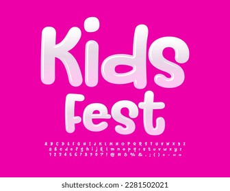 Vector funny flyer Kids Fest with cute handwritten Font. Playful set of White Alphabet Letters, Numbers and Symbols