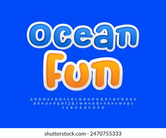 Vector funny flyer Ocean Fun. Playful Blue Font. Bright Sticker Alphabet Letters and Numbers set.