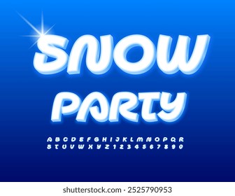Vector funny flyer Snow Party. White 3D Font. Modern Unique Alphabet Letters and Numbers set.
