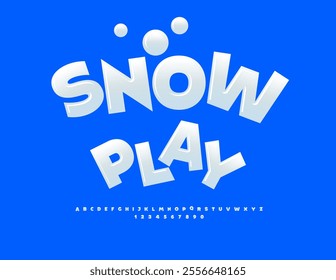 Vector funny flyer Snow Play. Winter White Font. Trendy Glossy Alphabet Letters and Numbers set.