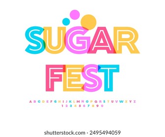 Vector divertido volante Sugar Fest. Fuente colorida creativa. Conjunto de letras y números únicos y creativos de alfabeto brillante.