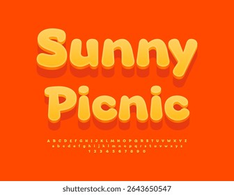 Vector Folleto divertido Sunny Picnic. Linda fuente naranja. Conjunto de letras y números de alfabeto 3D redondo cómico.