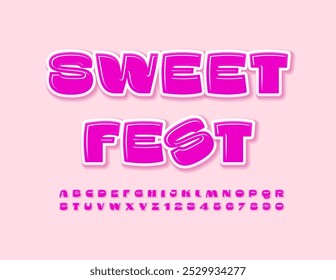 Flyer engraçado do vetor Sweet Fest. Fonte rosa brilhante. Letras e Números Alfabetos Elegantes definidos.