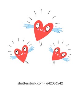 Vector funny flying hearts isolated on white background