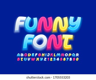 Vector Funny Font. Bright glowing Alphabet. Creative colorful Letters and Numbers