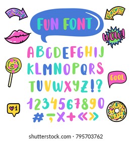 Vector funny font, cartoon doodle alphabet, patches.