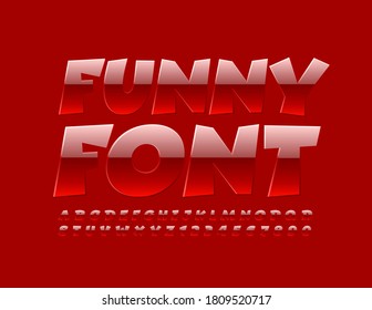Vector Funny Font. Modern Red Alphabet. Glossy bright Letters and Numbers set