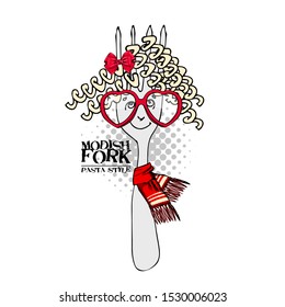 Vector funny fork. Comic and funny cutlery with hat pasta and glasses. Print on T-shirts, bags and other fashion products. 